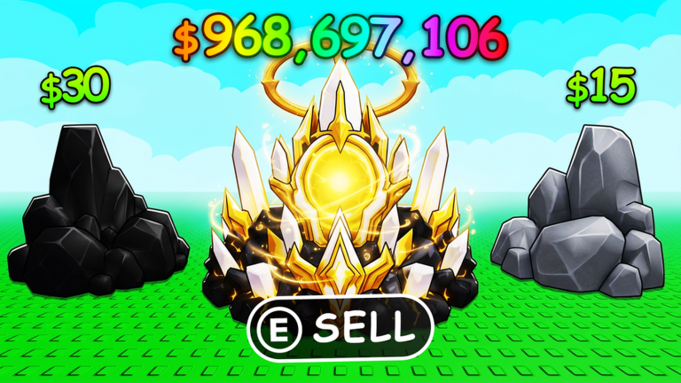 Official Sell Ores Roblox preview showing ore deposits and an E Sell prompt.